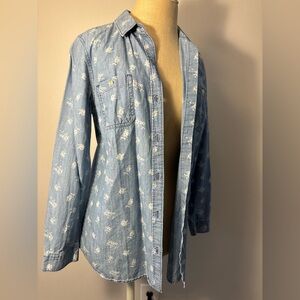 Floral Chambray Denim Blue Button-Up Shirt